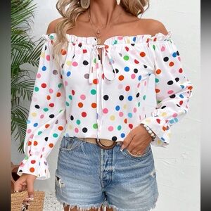 Boho polka dots print off shoulder blouse